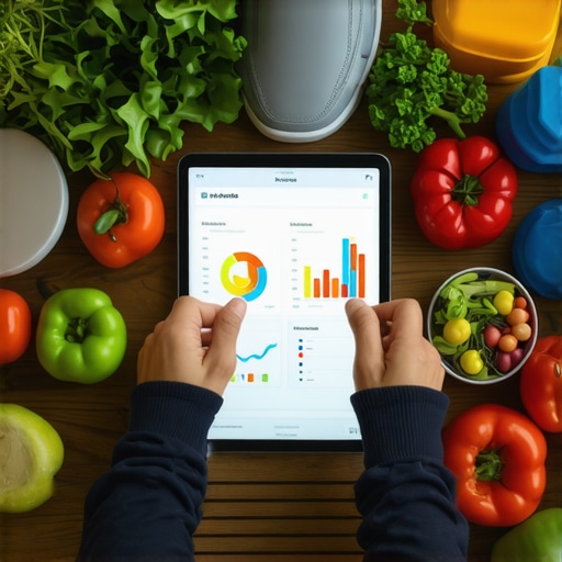 Smart Tools for Weight Loss Success A person analyzing health data on a tablet with healthy foods and fitness equipment around, illustrating modern weight management tools.