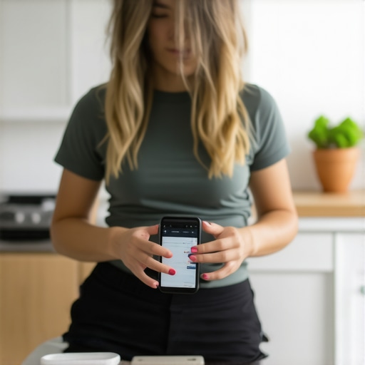 Smart Tools for Weight Loss Person measuring weight with a smart scale and tracking diet on a smartphone in the kitchen