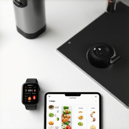 Kitchen with smart appliances and a tablet showing weight loss apps