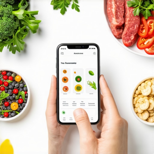 Smartphone Meal Planning for Weight Loss with Medications Person planning meals with a diet app on their phone, healthy ingredients around them.
