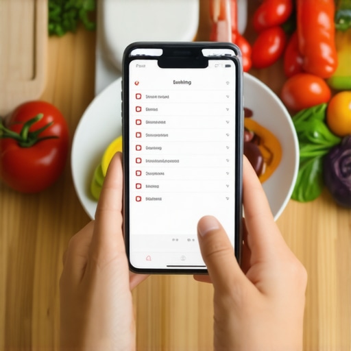 Smartphone Meal Planning for Weight Loss Person planning meals on a smartphone with healthy food options nearby.