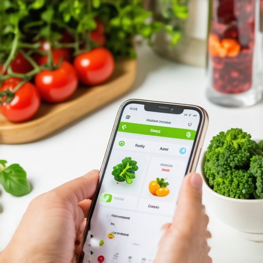 Person using a health app while preparing healthy food at home