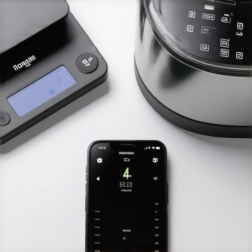 Smartphone displaying diet tracker with kitchen gadgets for meal prep