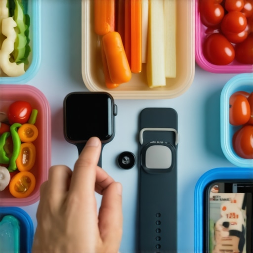 Individual tracking diet plan on smartwatch and phone with meal prep containers nearby.