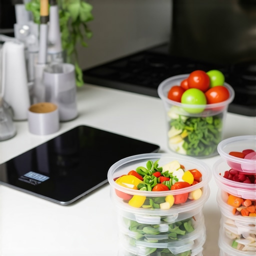 Kitchen setup with laptop, digital scale, and meal prep containers highlighting tools for health management.