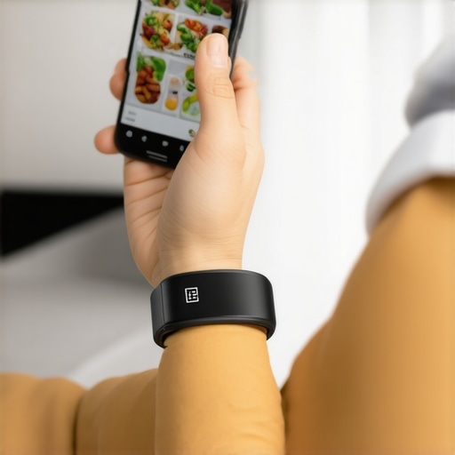 User recording diet data on smartphone and wearing a fitness tracker to monitor health