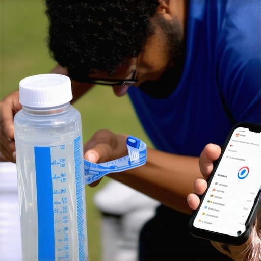 Person monitoring daily water intake using a water bottle and mobile app.