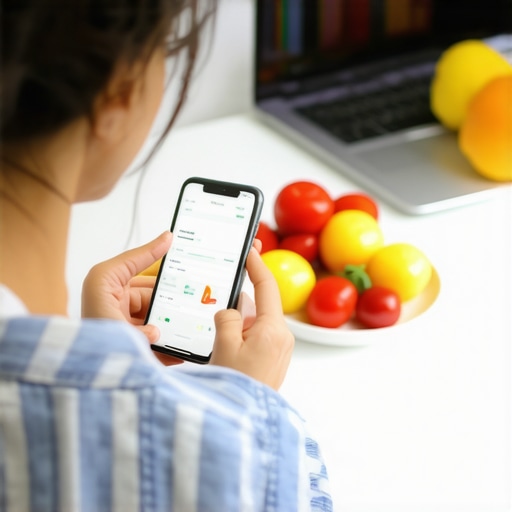 Person monitoring diet and medication progress on digital devices with healthy food on the table.