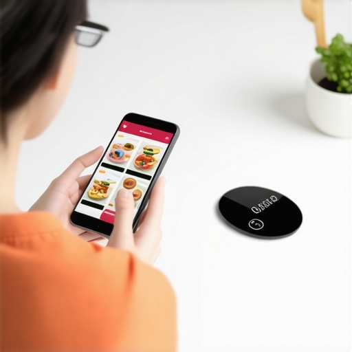 Person using an app and a digital kitchen scale to monitor diet and medication intake