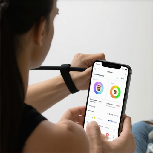 Person monitoring resistance band workout with smartphone app