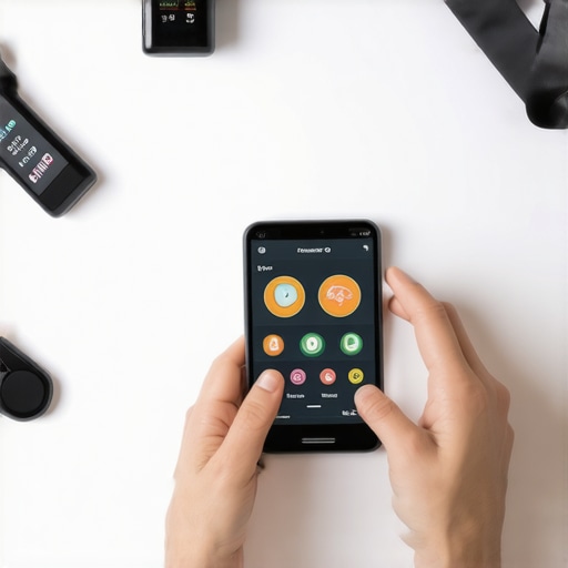 Person weighing food on a digital scale and logging data on a smartphone, with fitness tracker on wrist.