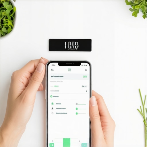 Person measuring food with a digital kitchen scale while tracking progress on a smartphone app