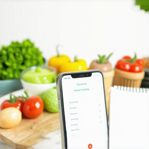 Using Tech for Long-term Weight Loss Smartphone with diet app open on a kitchen counter with meal prep ingredients.