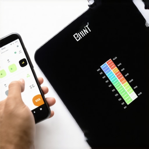 Person recording meal details on app with a smart scale showing body stats nearby.