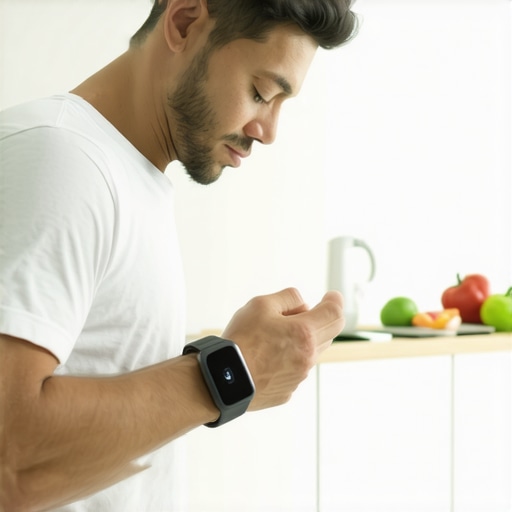 Someone coordinating medication reminders and diet tracking via smartwatch and smartphone in kitchen