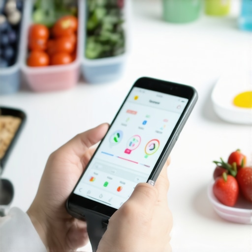 Person tracking diet and exercise progress with smartphone and fitness tracker during meal prep session.