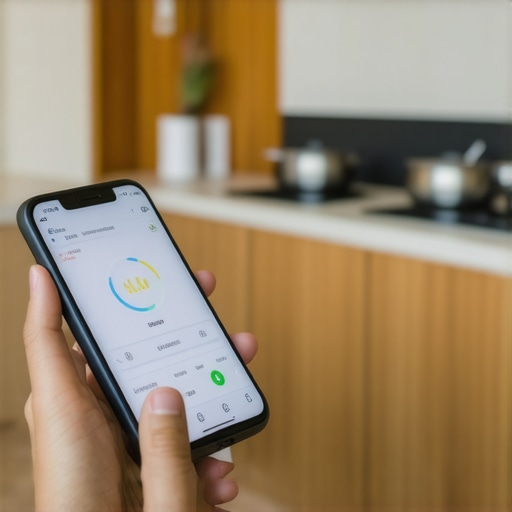 Person checking diet and activity data on phone with wearable device in kitchen.